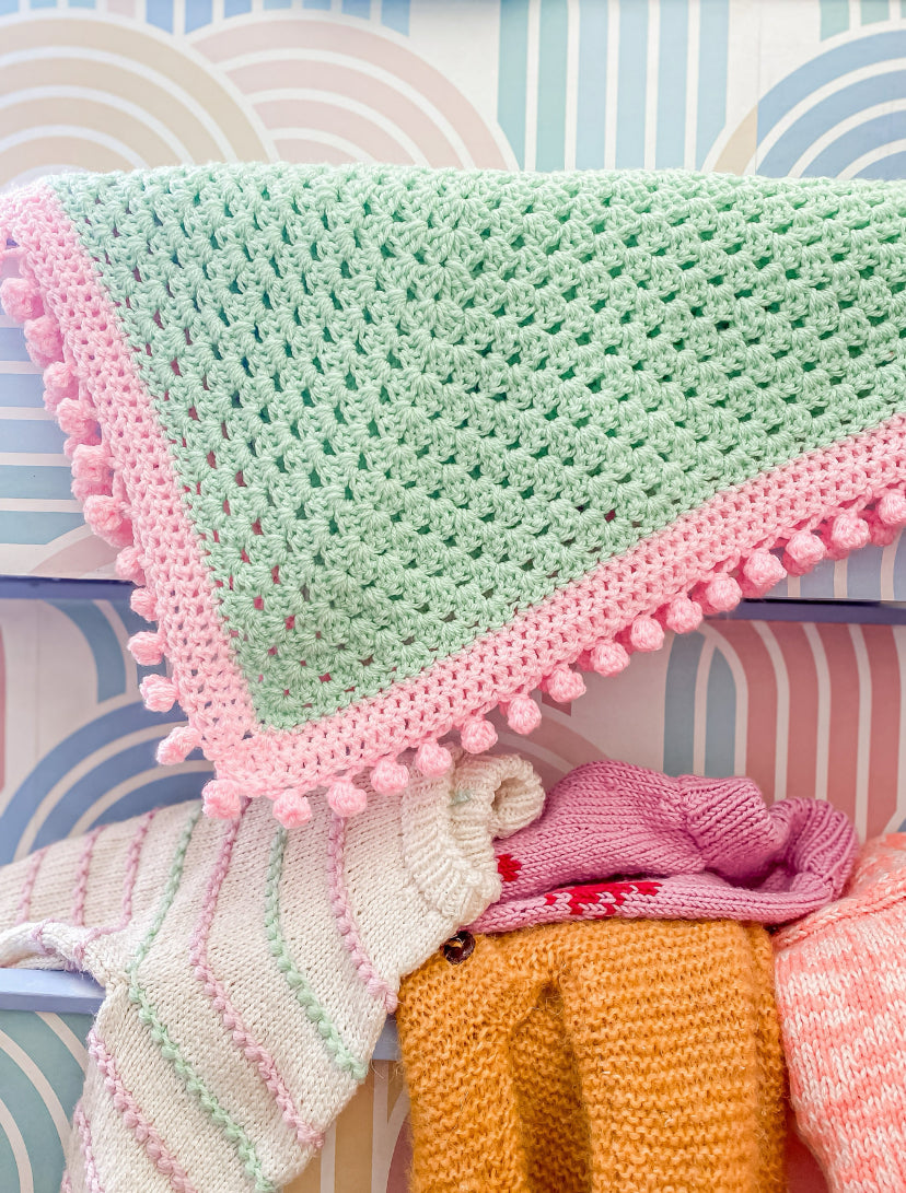 Handmade tactile contrast crochet blanket in mint & pink