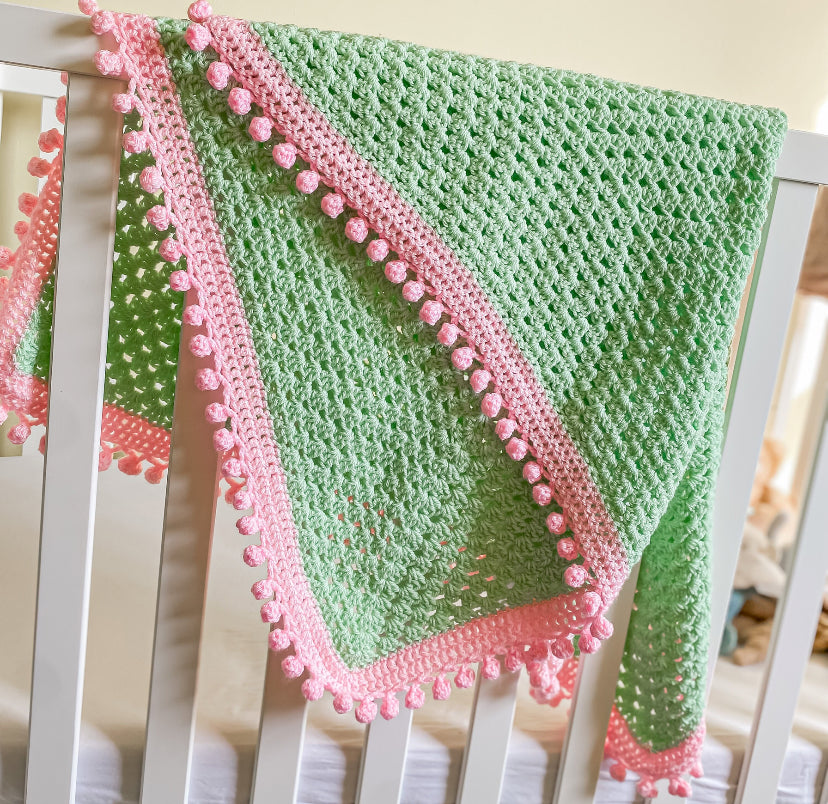 Handmade tactile contrast crochet blanket in mint & pink