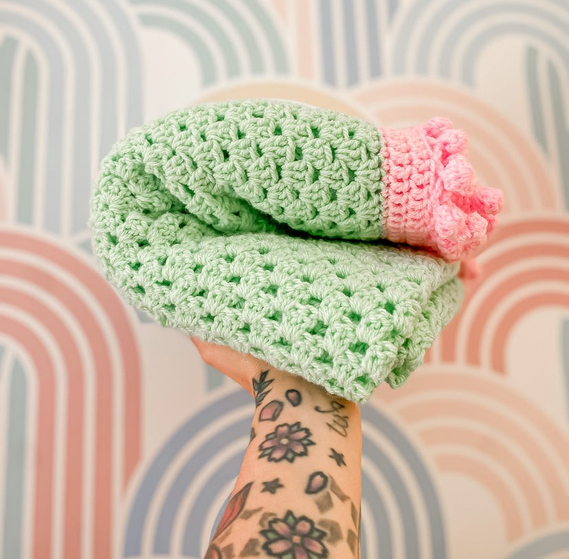 Handmade tactile contrast crochet blanket in mint & pink