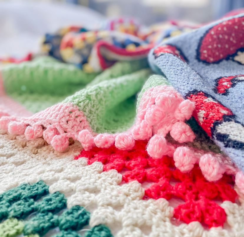 Handmade tactile contrast crochet blanket in mint & pink