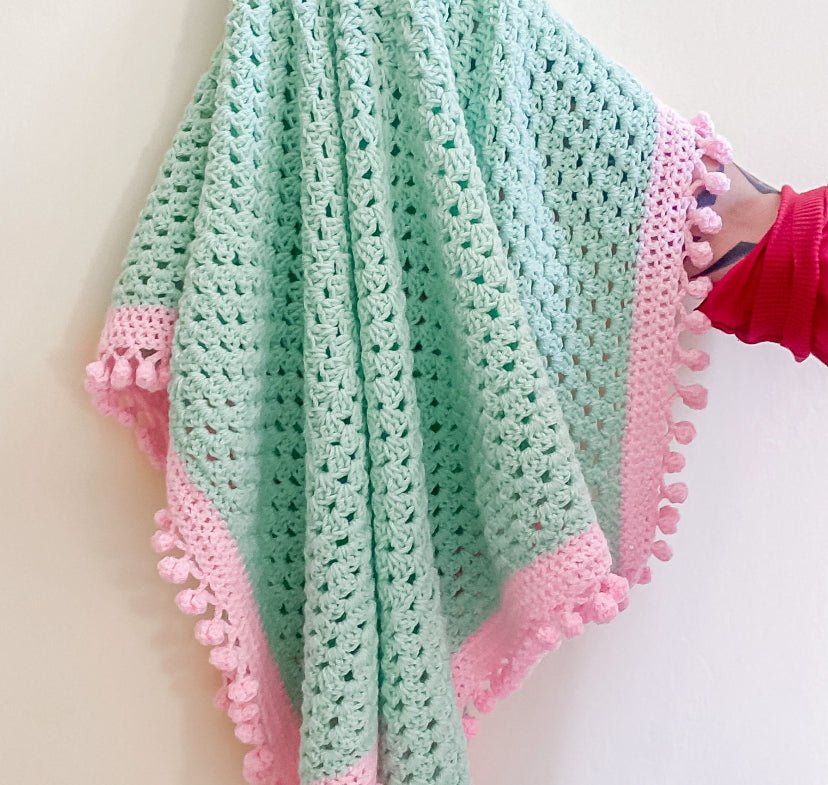 Handmade tactile contrast crochet blanket in mint & pink