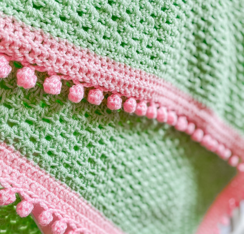 Handmade tactile contrast crochet blanket in mint & pink