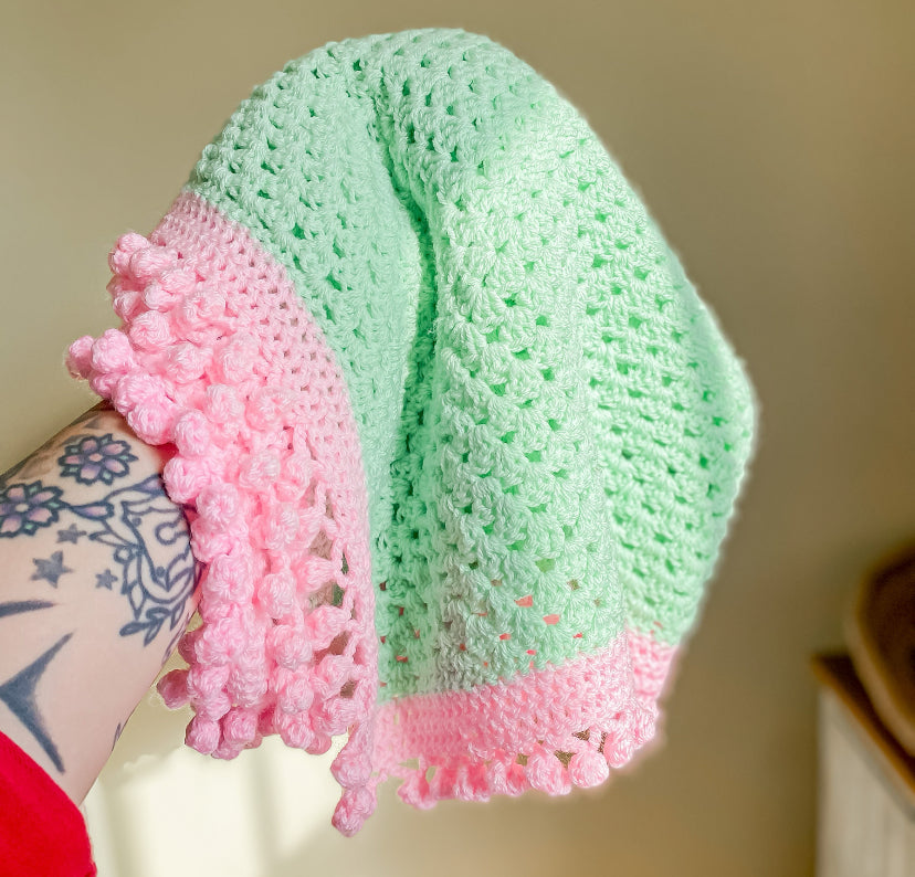 Handmade tactile contrast crochet blanket in mint & pink