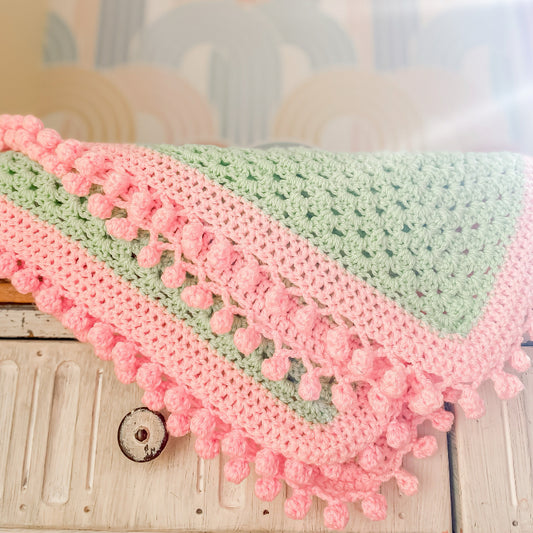 Handmade tactile contrast crochet blanket in mint & pink